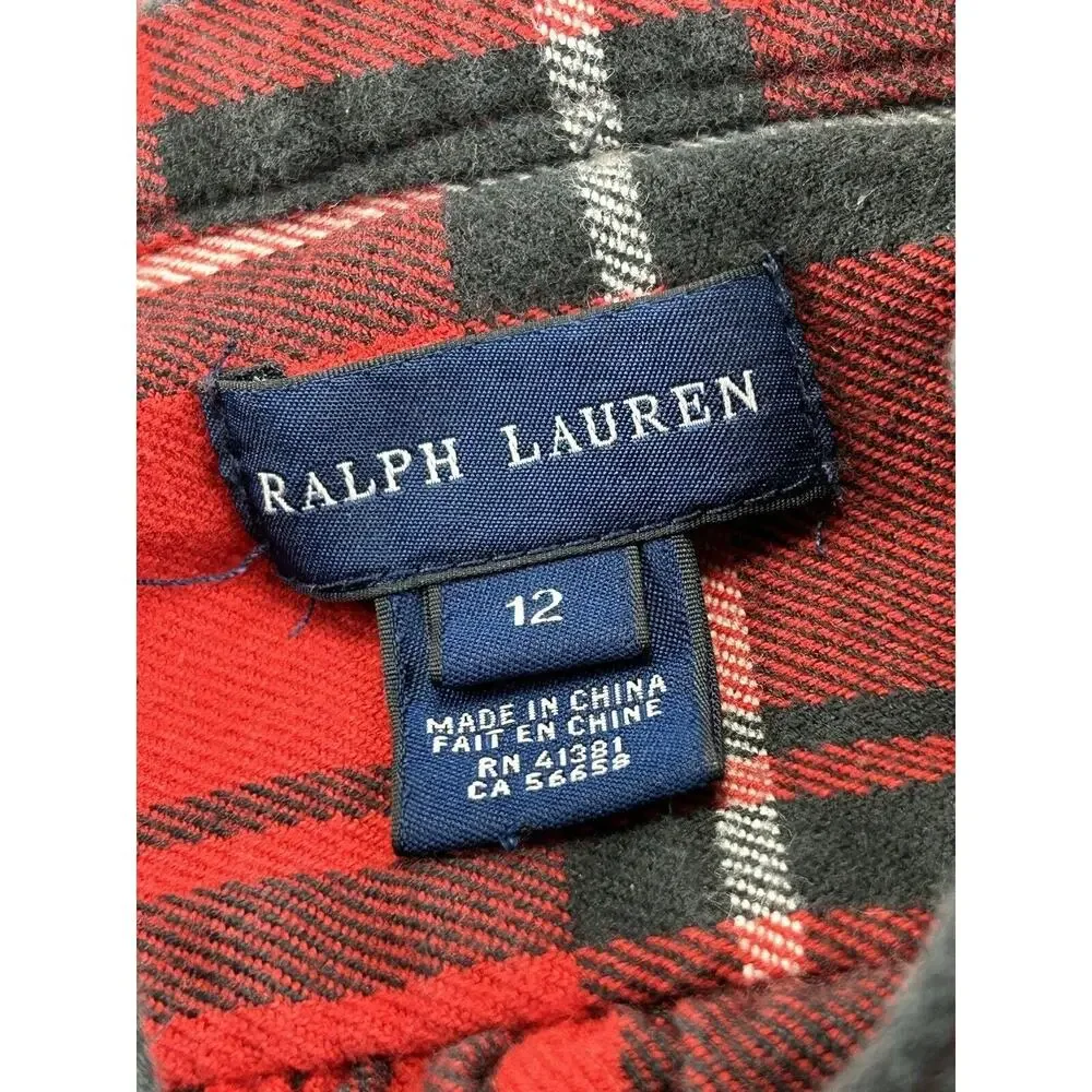 Ralph Lauren Girls Holiday Flannel Dress Size 12 Red Plaid Pockets Ruffles